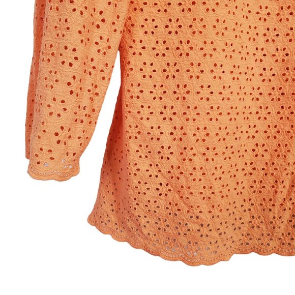 Susan Graver Size XL Blouse Cotton Eyelet Scalloped Hem Long Sleeve Orange - Picture 5 of 6